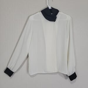 Vintage Blouse Chaus Women 10 12 Cream Black Contrast Long Sleeve 80s 90s Dressy